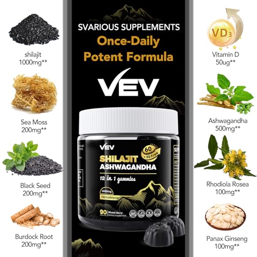 Gummies de Shilajit com Ashwagandha, Sea Moss e Óleo de Semente Preta – Potencialize sua saúde com ingredientes naturais! - VEV
