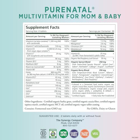 PureNatal Vitaminas Pré-natais | Suplemento Vegano Feito com Alimentos Orgânicos Integrais | com Ferro Natural, Ácido Fólico e Colina | para Pré-concepção, Gravidez e - PURE SYNERGY