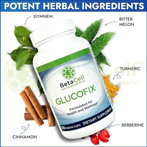 BETACELL - Glucofix – Suplemento de Berberina – Herbal com Canela, Gymnema, Berberina, Melão Amargo e Cúrcuma – 120 Cápsulas