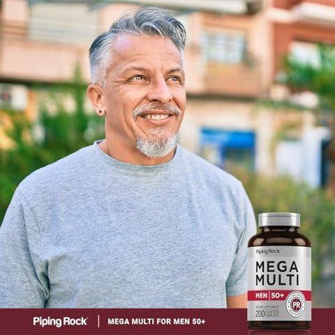 Mega Men 50 Plus | Multivitamínico para Homens 50+ | 200 Comprimidos | Multivitaminas Mega Men | Diário | Sem OGM, Sem Glúten | Frete Grátis - Piping Rock