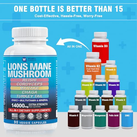 WINWINSUPPLEMENTS - Lions Mane Mushroom 11200mg (16:1 extrato) Cordyceps Reishi 1000mg Maitake Mushroom Turkey Tail Chaga 15 Vitaminas Minerais-32em1 Suplemento de Cogumelo 90 capsulas Feito nos EUA