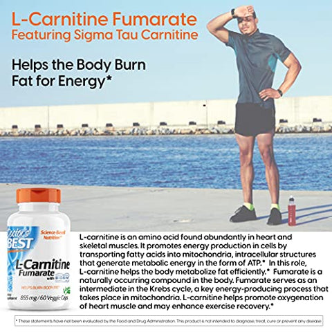 Doctor's BEST - Doctor’s Best L-Carnitine Fumarate – Vegano, Sem OGM, Livre de Glúten – Saúde Cardíaca – 855 mg, 60 Cápsulas Vegetais