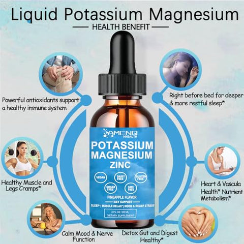 AMENQ hHEALTH - Potássio Magnésio Líquido Drops Aspartato de Magnésio Potássio com Bromelina, Vitamina B6 D3, Ashwagandha, Zinco Orgânico – Cãibras Musculares, Vascular