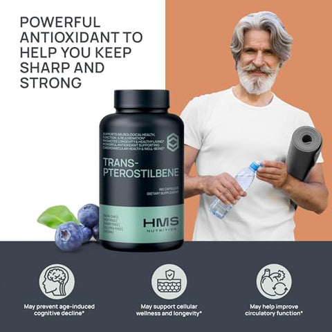 HMS Nutrition - Potente Trans-Pterostilbeno – 200mg, 180 Cápsulas Veganas – Antioxidante – Sem Glúten, Soja