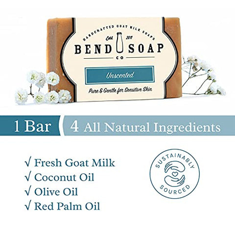 Sabonete de Leite de Cabra 100% Natural da Bend Soap Company – Livre de Parabenos e GMO – Feito à Mão nos EUA – Alivia Pele Rachada, Relaxa e Esfolia – Alívio Geral para Pele Seca (Sem Fragrância, Pacote com 4 unidades)