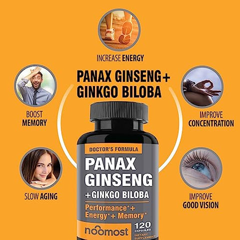 NooMost - Ginseng Coreano Vermelho Autêntico Panax Ginkgo Biloba, 120 Cápsulas Veganas, Extrato de Raiz de Ginseng em Pó 1000mg (10%% Ginsenosides) Gingko Biloba 60mg, Energia e Concentração em Cápsulas