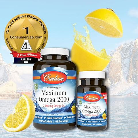 Ômega Máximo 2000, 2000 mg de Ácidos Graxos Ômega-3 Incluindo EPA e DHA, Óleo de Peixe Norueguês de Captura Selvagem, Cápsulas de Óleo de Peixe Sustentável, Limão, 90 30 - Carlson