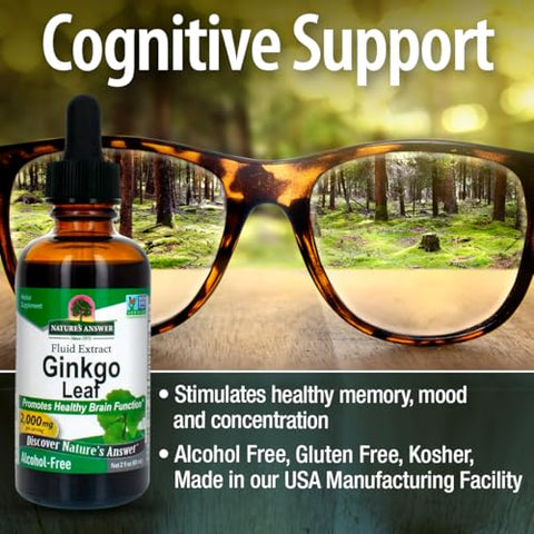 Nature's Answer - Nature’s Answer Extrato de Folha de Ginkgo Biloba Sem Álcool, 60 ml, 2 Unidades | Suporte para um Cérebro Saudável | Promove a Função Cognitiva | Aumenta a Clareza Mental | Auxílio Natural para Concentração