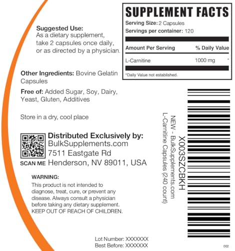 Suplemento de L-Carnitina 1000mg em Cápsulas – BulkSupplements.com, 240 Cápsulas (Embalagem de 1)