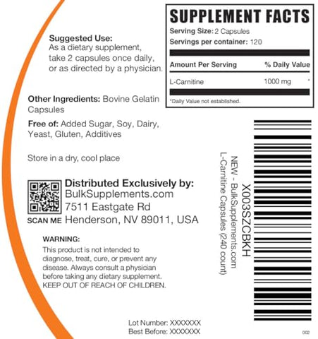 Suplemento de L-Carnitina 1000mg em Cápsulas – BulkSupplements.com, 240 Cápsulas (Embalagem de 1)