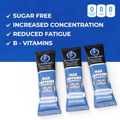 IV FLUID MAX - Hidratação Acelerada – 300 mg de Cafeína – Mistura Energética de Bebida Eletrolítica – Bebida Pré-Treino/Recuperação