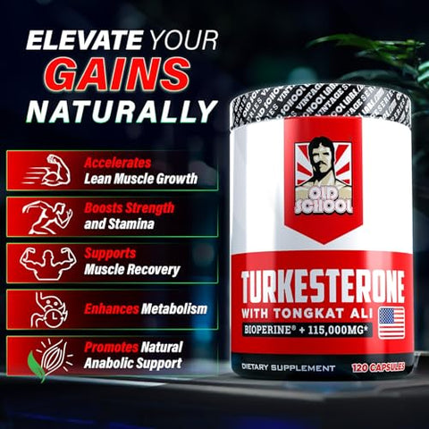 Old School Labs - Turkesterone 15,000mg [Potência Máxima] BioPerine® para Alta Absorção com Tongkat Ali – Aumente o Crescimento Muscular Magro