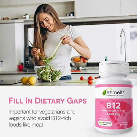 B12 Vitamina Sublingual 2.500 mcg, Metilcobalamina, Sem Açúcar, Suprimento de 3 Meses - EZ Melts