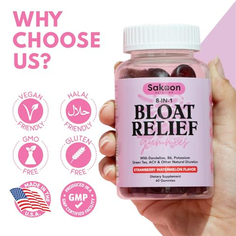 Sakoon nutrition - Sakoon Nutrition – Gummies Alívio de Inchaço para Mulheres – Chá Verde, ACV, Dente-de-leão, Folha de Buchu, Suporte Natural à Digestão, 60 Gummies, Sabor Melancia