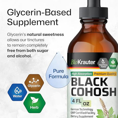 BIO KRAUTER - Tintura de Raiz de Cohosh Preto – Suporte para Mulheres com Suplementos Veganos de Cohosh Preto – Extrato Líquido de Cohosh Preto – Tintura de Cohosh Preto 118 ml – Livre de Álcool e Açúcar