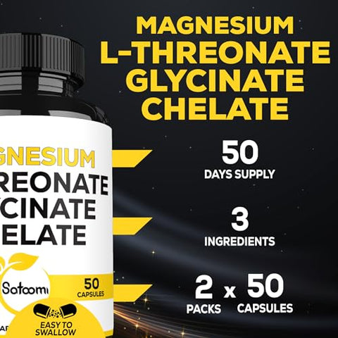 1200mg Magnésio L-Treonato com Glicinato de Magnésio – 2 Pacotes de 50 Cápsulas - Satoomi