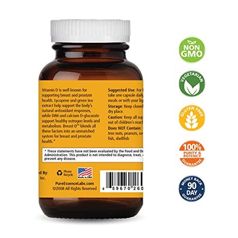 PURE ESSENCE LABS - Pure Essence – Breast D: Equilíbrio de Estrogênio, Acne Hormonal e Suporte para Menopausa com Vitamina D3, Cálcio e Chá Verde