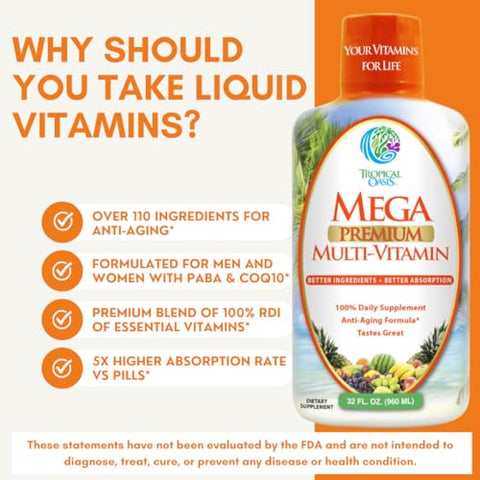 Tropical Oasis - Mega Premium Liquid Multivitamin | Suporte Natural à Imunidade com 1333%% de Vitamina C, 200%% de D3, Zinco 20 Vitaminas, 70 Minerais