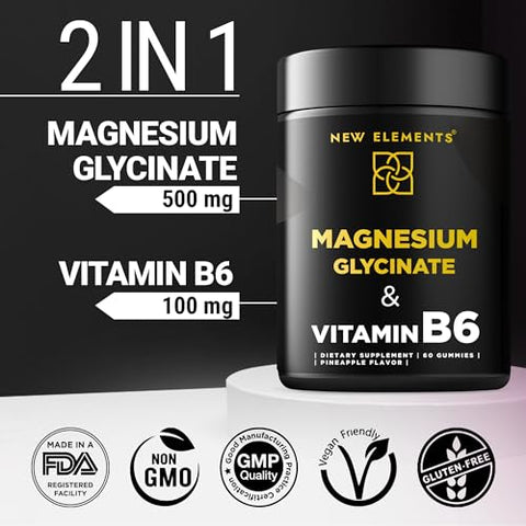 New Elements - Magnesium Glycinate Gummies 500mg com Vitamina B6 100mg para Adultos e Crianças – Alta Absorção | Sem Transgênicos | Sem Glúten | Alívio do Estresse | Sono