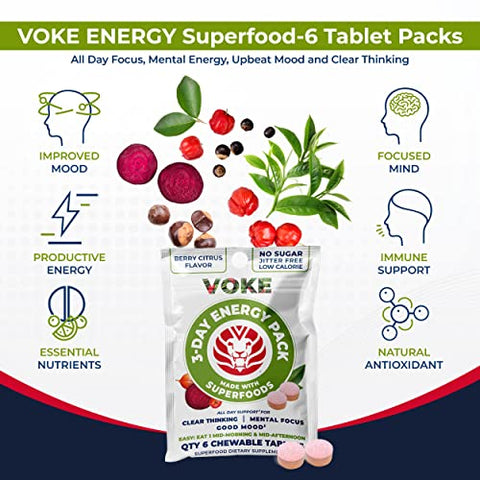 ENERGY TABLETS – Comprimidos Mastigáveis Superfood de Foco Rápido, Portáteis de Bolso, Embalagem Reselável, Vitamina C, Suporta Concentração, Memória, Pensamento Claro e Bom Humor - Voke