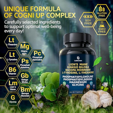 LetaGreen - Suplemento de Cápsulas de Leão Orgânico – 240 Cápsulas de Leão Mane Real Mushrooms com Erva Ginkgo Biloba, Bacopa Monnieri – Suporte à Clareza – Suplemento de Cogumelo Leão Mane