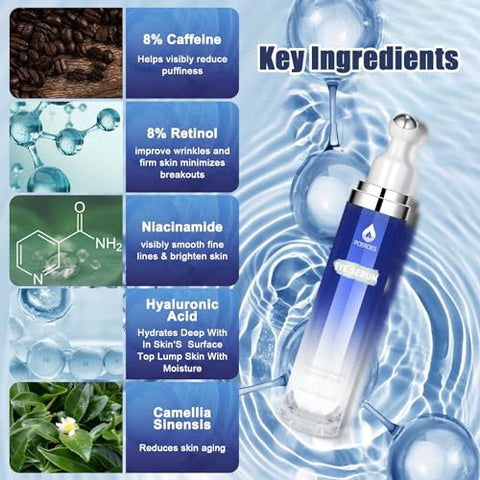 POEROES - Sérum para os Olhos com 8% de Cafeína, 8% de Retinol, Ácido Hialurônico, Niacinamida e Peptídeos para Bolsas nos Olhos, Linhas Finas, Olheiras e Rugas – Creme para os Olhos com Massageador 360°