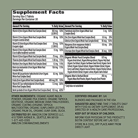 Multivitamínico Orgânico para Homens, 60 comprimidos – Marca Própria - Amazon Elements