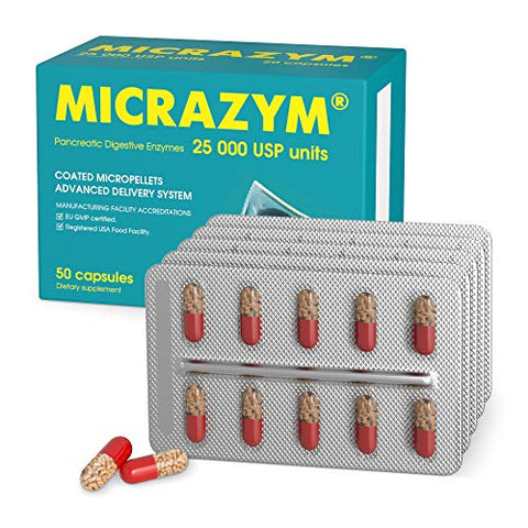 Micrazym - AVVA Pharmа Enzimas Pancreáticas – 25.000 USP Enzimas Digestivas Eficientes – Enzimas Digestivas para Digestão – 50 Cápsulas de Ação Rápida com Amilase, Lipase e Protease