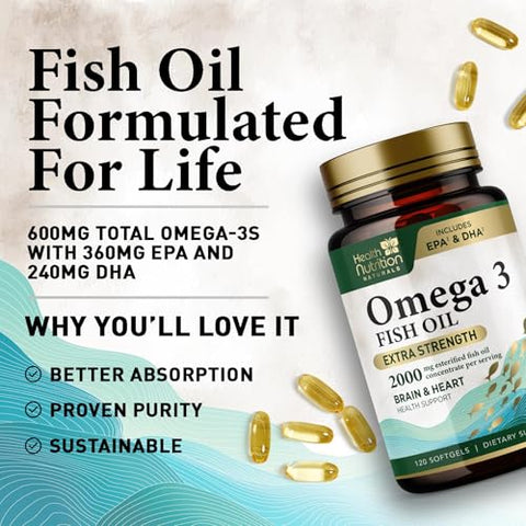 Health Nutrition Naturals - Óleo de Peixe Ômega 3 2000mg Triplo Forte Cápsulas de Liberação Rápida, Suplementos de Ômega-3, Saúde Natural do Cérebro, Coração e Articulações