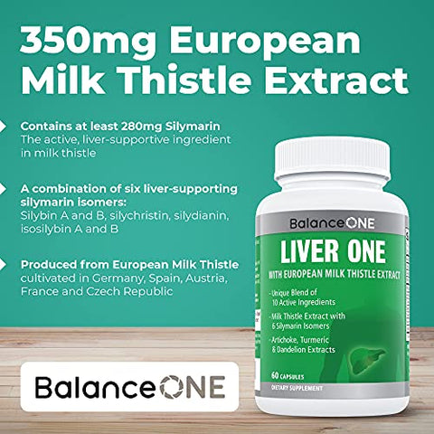 Balance ONE - Liver One Supplements – 10 Ingredientes Naturais – Cardo Mariano, Molibdênio, Dente-de-leão, Alcachofra – Vegano, Não-OGM – Fornecimento de 30 Dias