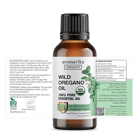 AROMAVITA - Óleo de Orégano Selvagem Oregavit – 100% Puro e Concentrado – 86-90% Carvacrol, Alta Potência, Suporte Imunológico – Suplemento Herbal à Base de Plantas – Vegano, Não Transgênico, Livre de Glúten – 30ml