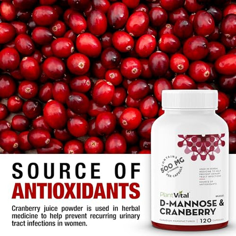 Cápsulas de D-Manose com Cranberry – Cápsulas de D-Manose 1000mg – Alta Potência para Suporte à Bexiga, Rim e Trato Urinário. Pó de Cranberry com Hibisco e - Plantvital