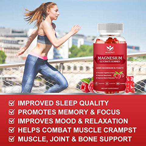 WOGORGT - Gummies de Magnésio Glicinato – 400mg Gummies de Magnésio Glicinato com Vitamina D, B6 e CoQ10, Suplemento de Magnésio para Relaxamento e Cognição, Sem Açúcar – 60 Gummies de Framboesa