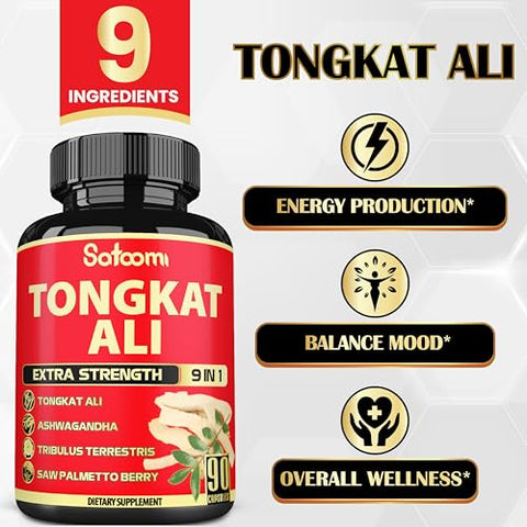 Extrato de Raiz de Tongkat Ali 200 para Homens com 9 Ervas Ashwagandha, Tribulus Terrestris – Aumente sua Vitalidade Masculina - Satoomi