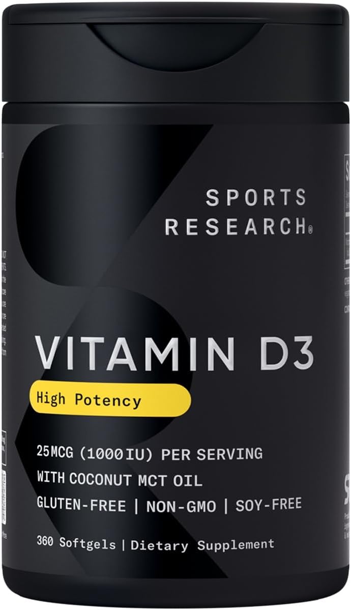 Vitamina D3 1000 UI Sports Research com Óleo de Coco MCT – Suplemento de Alta Potência para o Sistema Imunológico