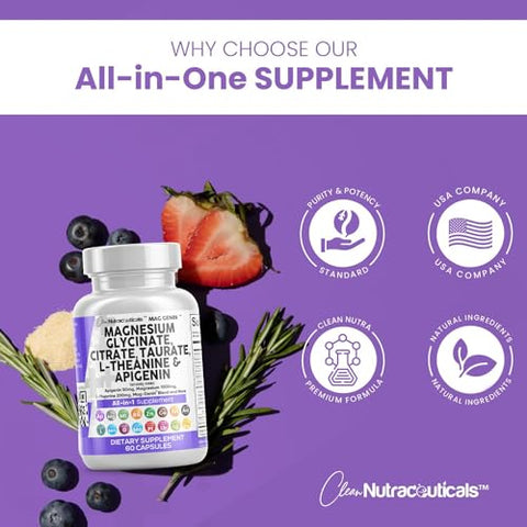 Clean Nutraceuticals - Magnésio Glicinato Complexo 1000mg com L-Teanina 200mg Apigenina 50mg Citrato de Taurato – 5-HTP GABA Flor de Maracujá Melissa L-Glicina Fosfatidilserina Ashwagandha