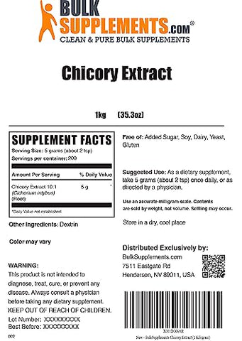 Chicory Extract Powder BulkSupplements.com – Raiz de Chicória em Pó, Suplemento de Raiz de Chicória – Suplemento de Fibra, Sem Glúten, 5g por Porção, 1kg (2.2 lbs) (Pacote de 1)