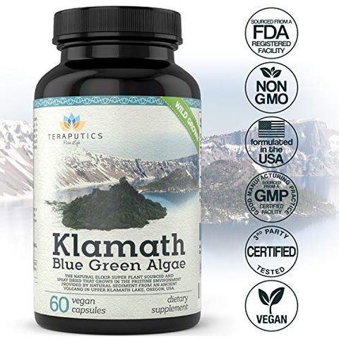 Teraputics - Premium Alga Azul do Lago Klamath – Mais Poderosa que Suplementos de Spirulina e Chlorella | SuperAlimento Puro Rico em Clorofila, Fonte Orgânica do Lago Klamath, 500mg, 60 cápsulas