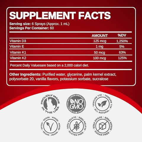 CCL SUPPLEMENTS - CCL Vitamina D com K2 Spray – Suplemento Líquido Avançado de Vitamina D3 em Spray com K1, Vitamina E – Absorção Instantânea na Corrente Sanguínea – Vegano, Sem Glúten (120 Porções – 4 oz / 120 ml)