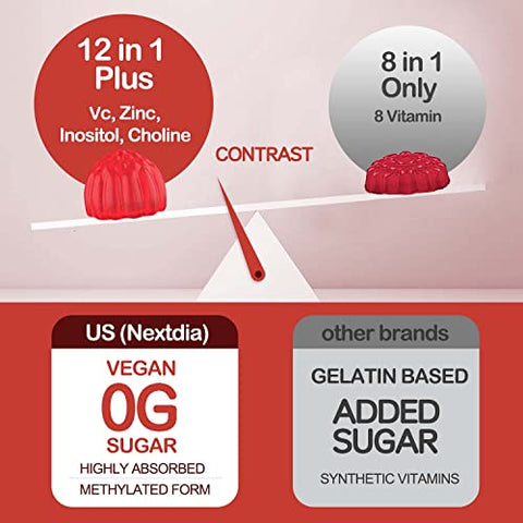 Nextdia - Vitaminas B em Gomas Veganas com 2000 mcg de Metil B12, Metil Folate | Mais Colina Inositol, Vitamina C Zinco para Energia, Humor, Imunidade, Saúde