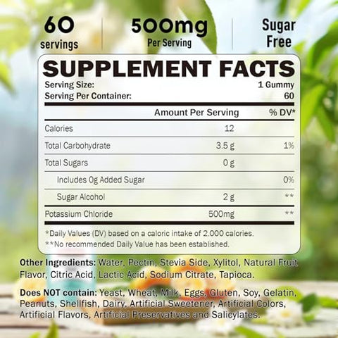 GREABBY - Gomas de Potássio 500mg para Adultos, 60 Porções, Gomas de Cloreto de Potássio sem Açúcar, Saúde Cardíaca