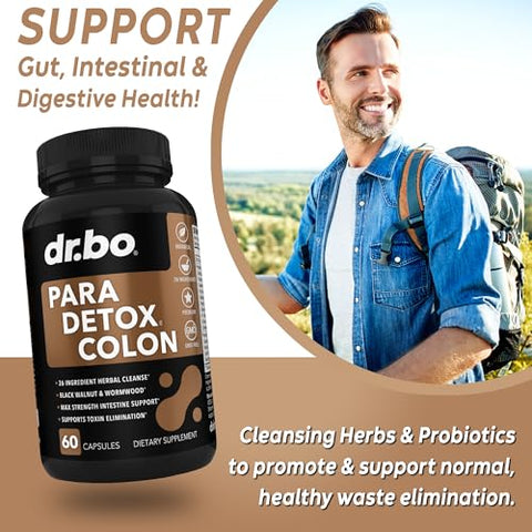 DR. BO - Pílulas de Limpeza do Cólon – Desintoxicação Corporal: Suplemento Natural para Limpeza Intestinal e Perda de Peso – Complexo de Limpeza para Estômago, Mulheres, Homens e Crianças – Artemísia, Nogueira Preta e Cravo