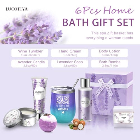 LUCOTIYA - Presentes para Mulheres – Cestas de Presente de Aniversário para Mulheres, Banho de Espuma de Lavanda, Copo de Vinho Térmico Roxo – Mãe, Irmã, Professora