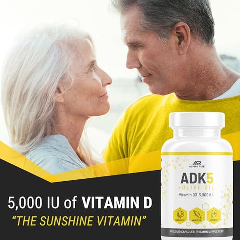 ALPHA RISE - ADK Suplemento de Vitamina em Óleo de Oliva para Melhor Absorção | ADK 5 Suplemento com Vitamina A D e K | 5000 UI de Vitamina D3 K2 (MK7 MK4) | 90 Cápsulas Líquidas | Vegetariano |