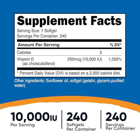 Vitamina D3 10.000 UI, 240 Cápsulas Softgel – Potente, Livre de OGM, Sem Glúten - Nutricost