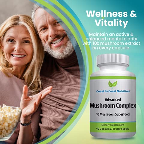 Coast to Coast Nutrition - Complexo Avançado de Cogumelos – Lion’s Mane, Reishi, Cordyceps, Chaga, Turkey Tail, Maitake 10X Mistura de Cogumelos Superfood – Suporte Imunológico