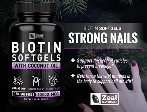 Biotina com Óleo de Coco para Cabelo 10000mcg (180 Softgels) – Vitaminas para Cabelo, Pele e Unhas – Cápsulas de Biotina para Mulheres e Homens - Zeal Naturals