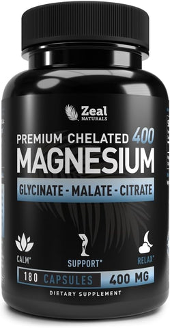 Zeal Naturals - Premium Complexo de Magnésio Quelato de Glicinato, Malato, Citrato (400mg | 180 Cápsulas) – Magnésio Malato, Glicinato e Citrato