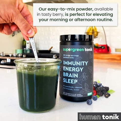 SUPERGREEN TONIK - 100%% Natural Greens Superfood Powder – Superalimento Diário com 38 Superfoods, Vitaminas e Minerais – Suporte para Energia, Estresse e Imunidade – 30 Dias 360 Gramas Sabor de Frutas Vermelhas (1 Tubo)