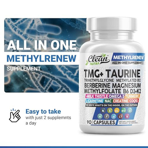 Clean Nutraceuticals - Clean Nutra TMG Taurine – Multivitamina Metilada com Vitaminas B6, B12, D3 K2, Berberina, Magnésio, Metilfolato, Cardo de Leite, Ômega 3, Cúrcuma, NAC e L-Carnitina | Marca Clean Nutra